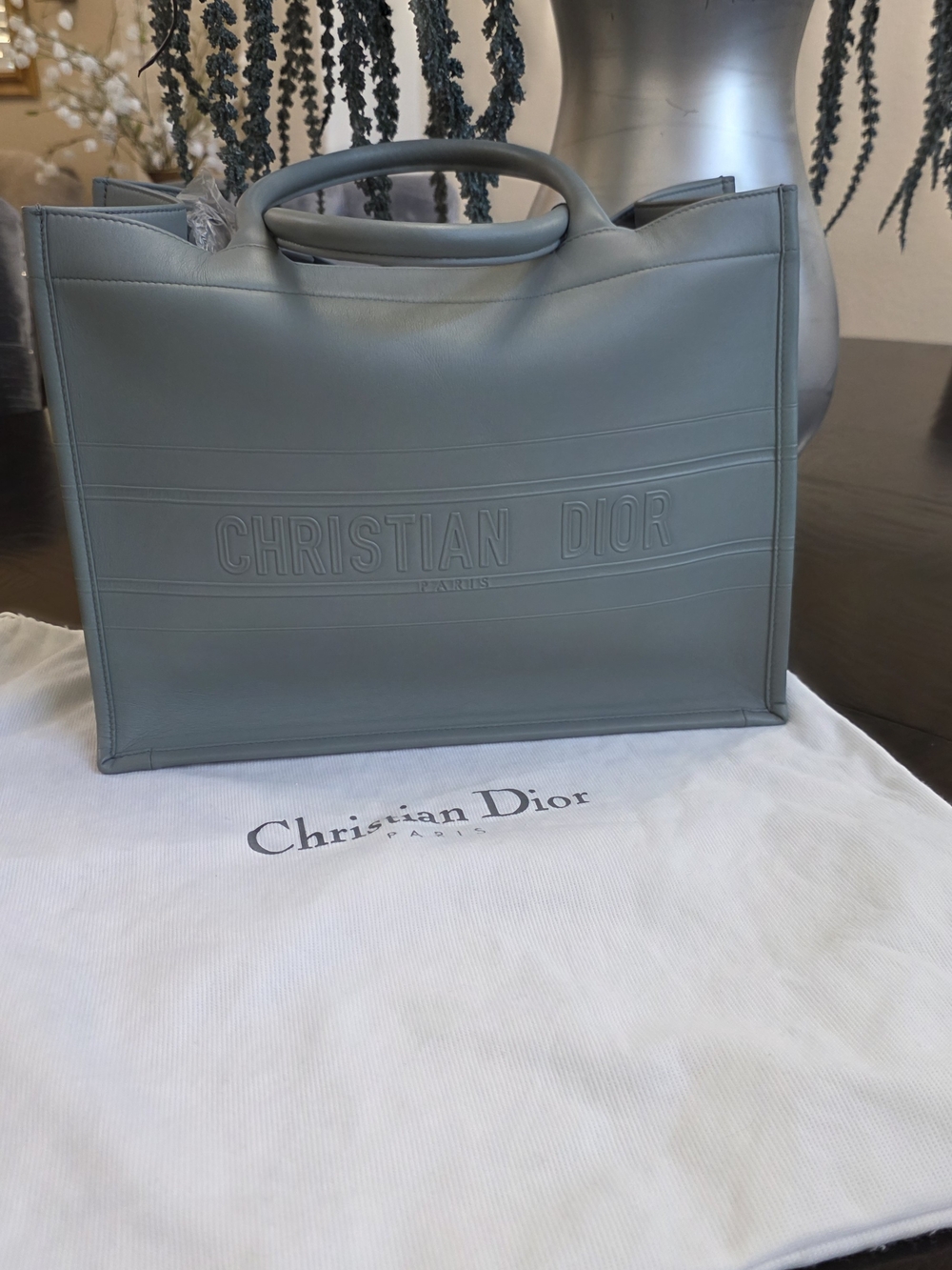 Christian Dior Top Handle Bag. Calfskin Embossed Logo Tote Bag in Sage Green
